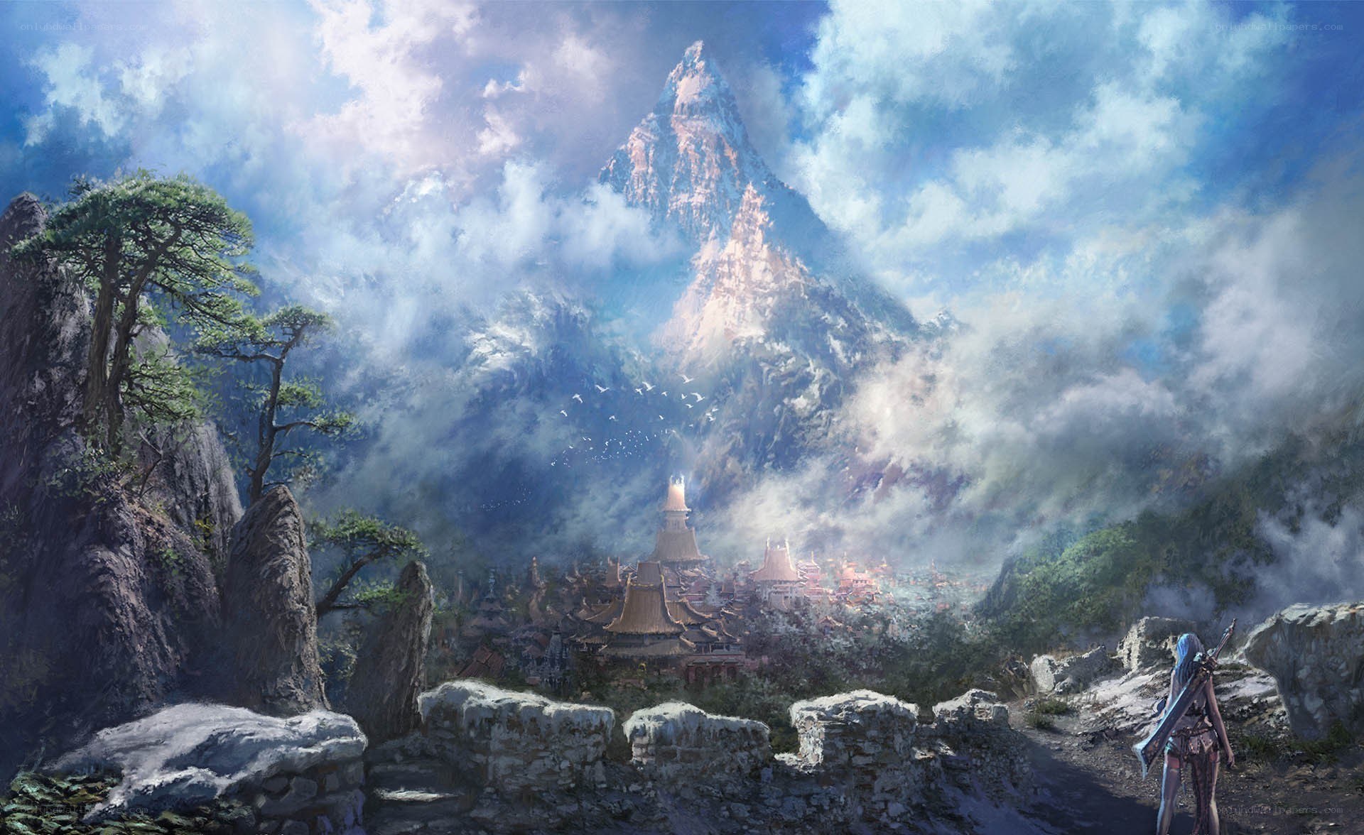 fantasy city in mountain valley