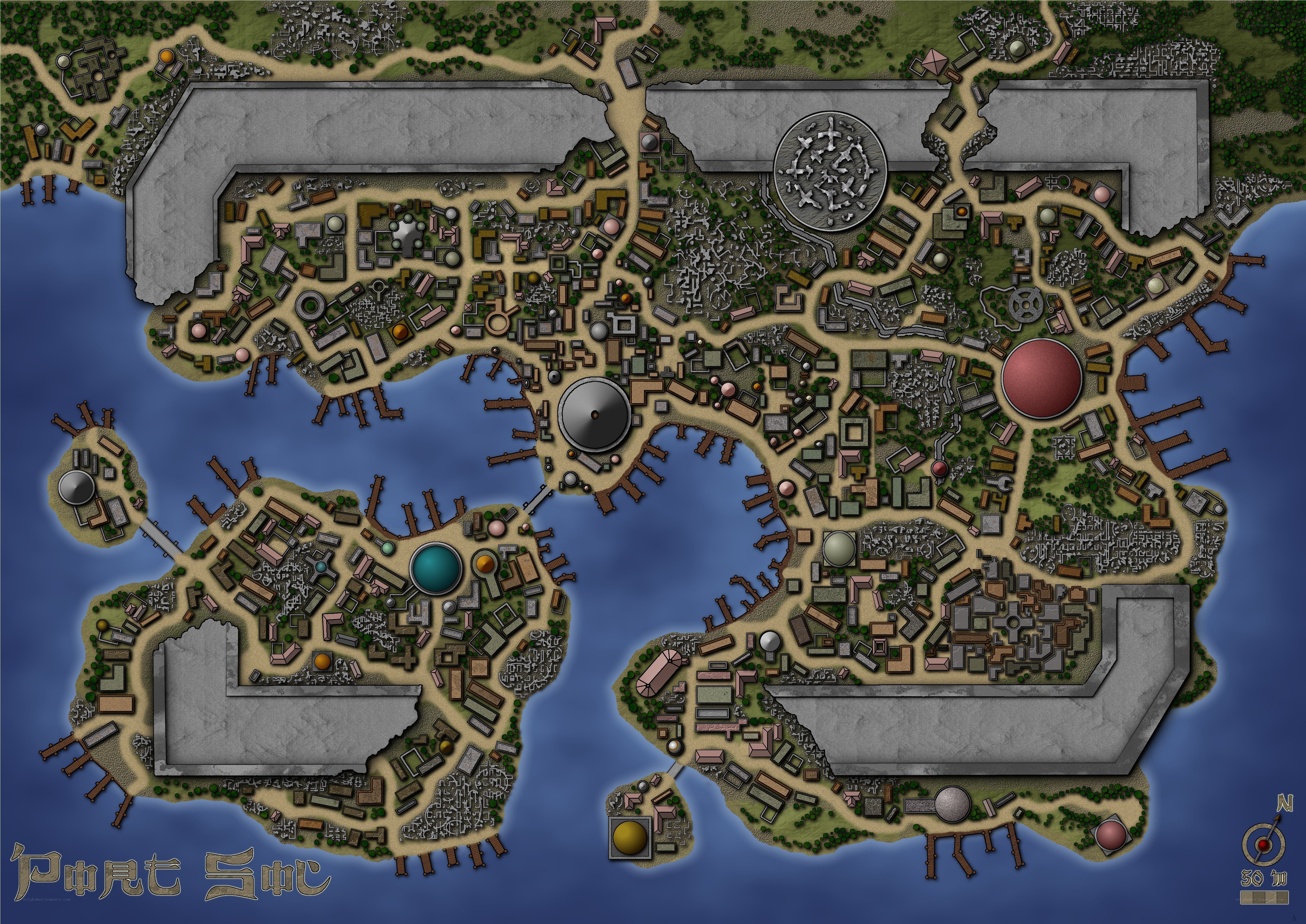 Fantasy city map with ports