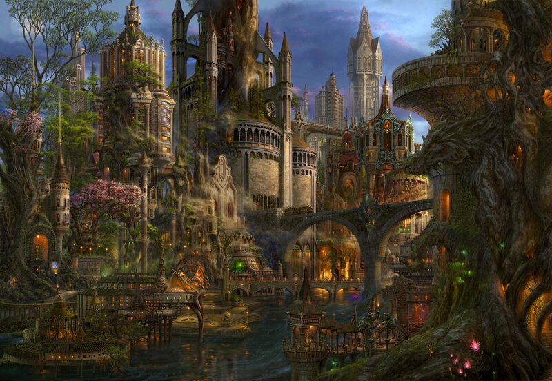 fantasy city of trees and towers