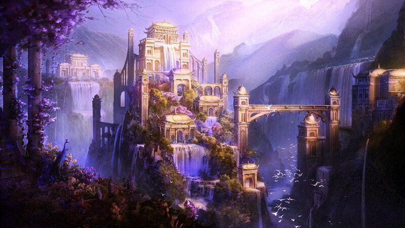 Fantasy City on Cliffs — Purple, Serene, Night, Digital Art
