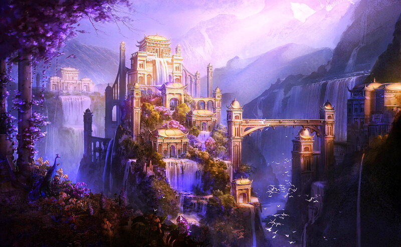 Fantasy City on Cliffs — Purple, Serene, Night
