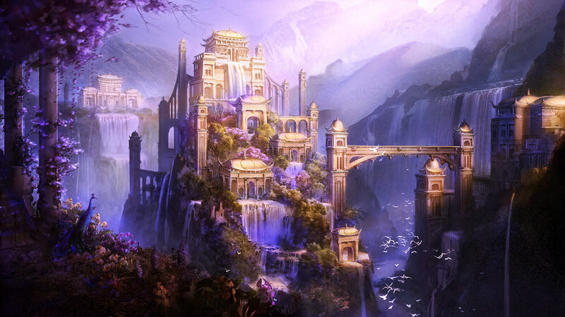 Fantasy City on Cliffs — Purple, Serene, Sunset