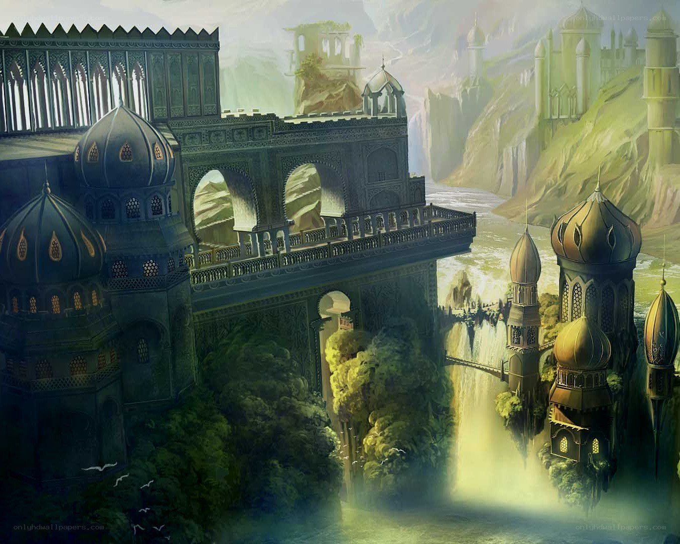 fantasy city over a waterfall