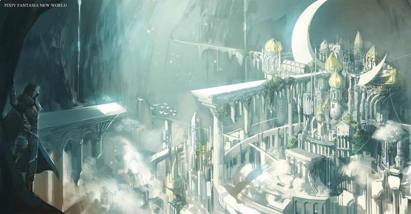 Fantasy city under a crescent moon