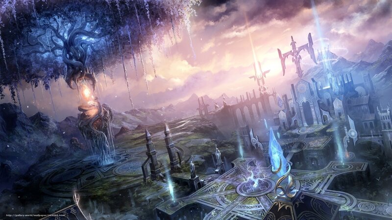 Fantasy city under glowing tree