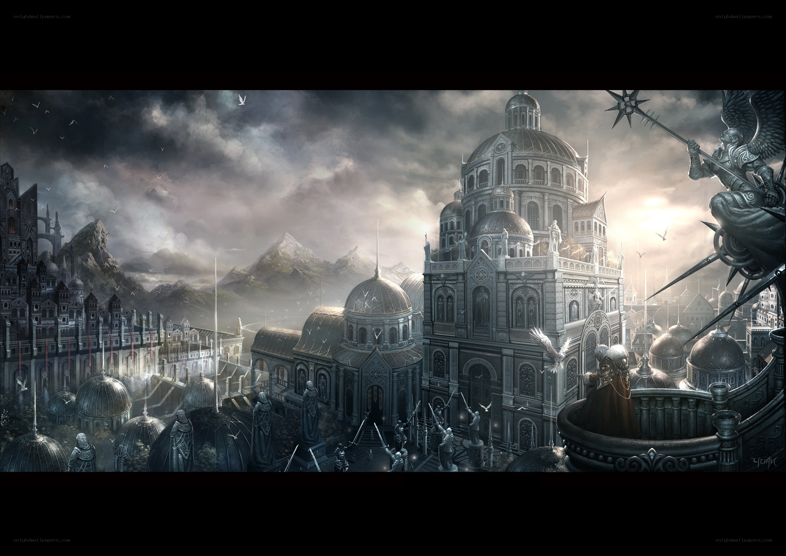 Fantasy city under stormy sky