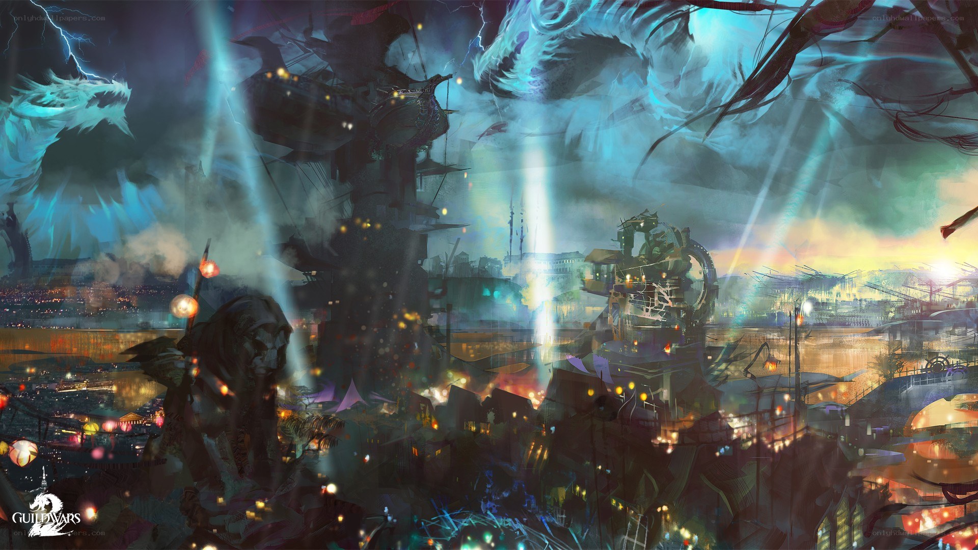 Fantasy city under stormy sky