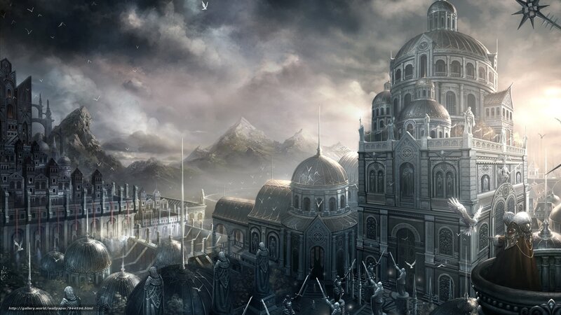 Fantasy city under stormy sky