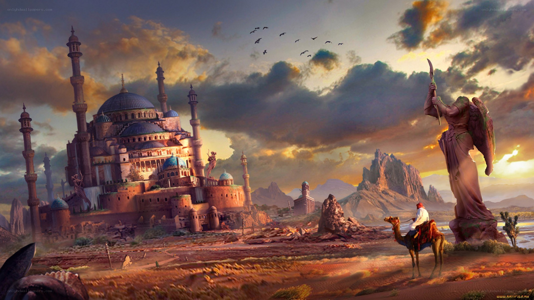 Fantasy city with angel statue