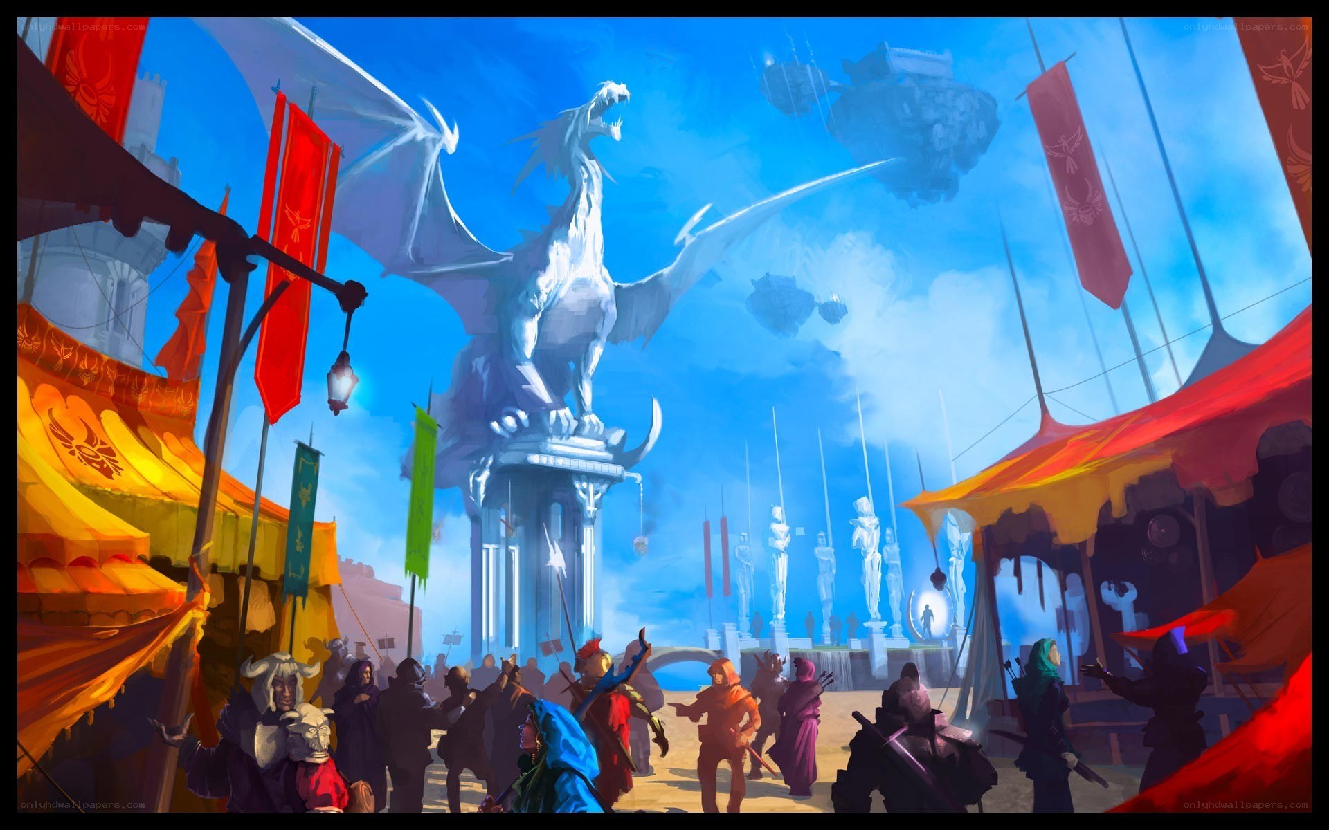 Fantasy city with dragon statue