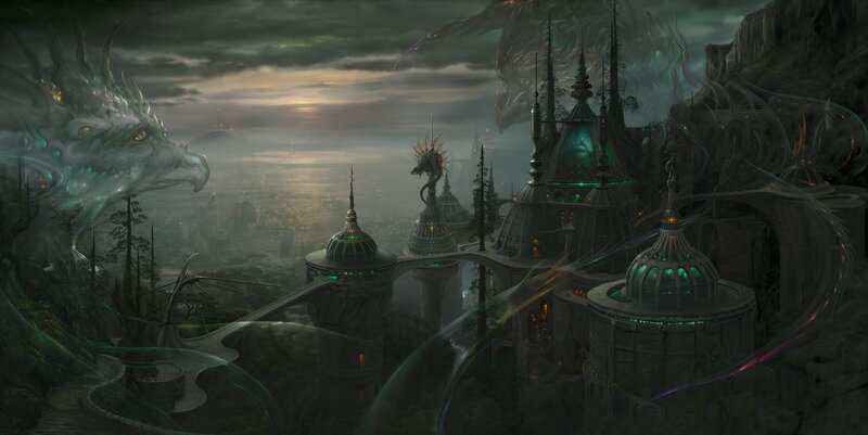Fantasy city with dragons