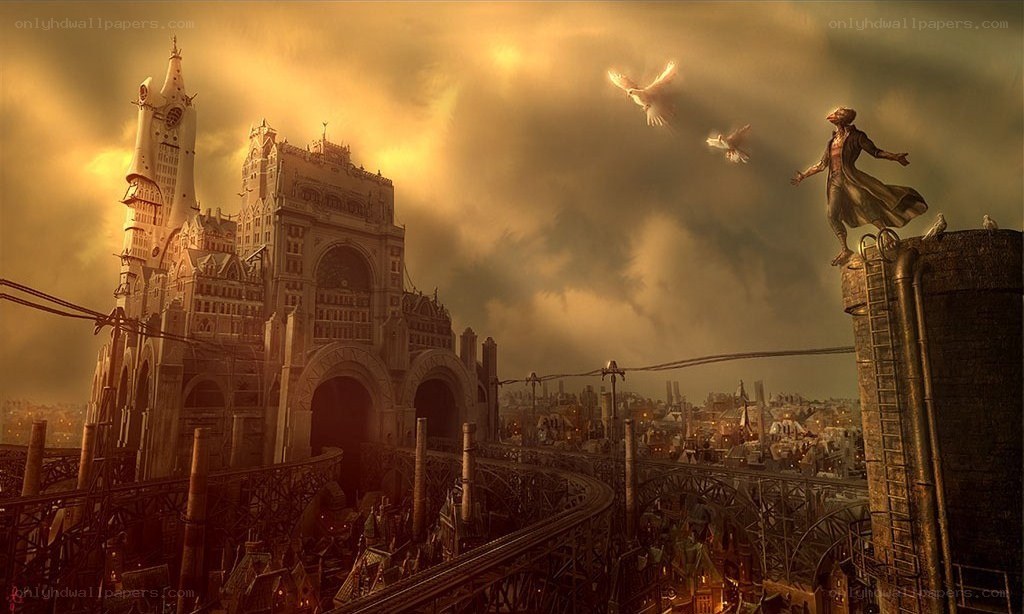 Fantasy city with flying birds