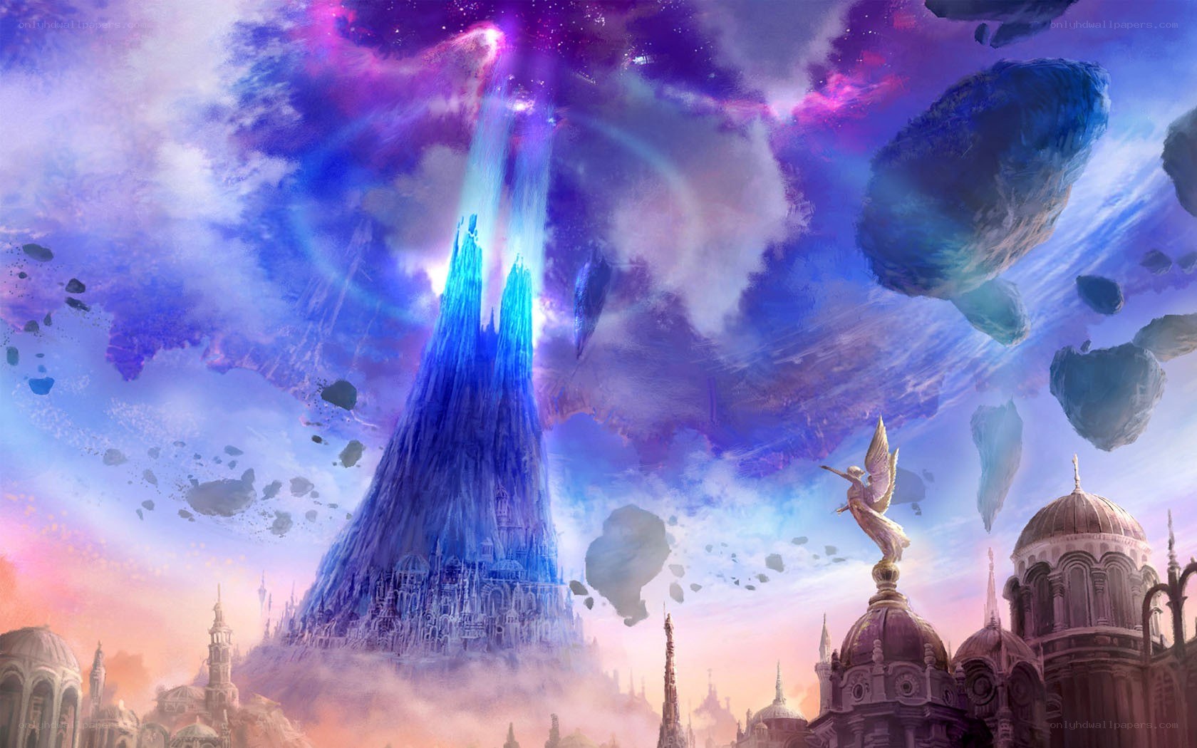 Fantasy city with glowing spire