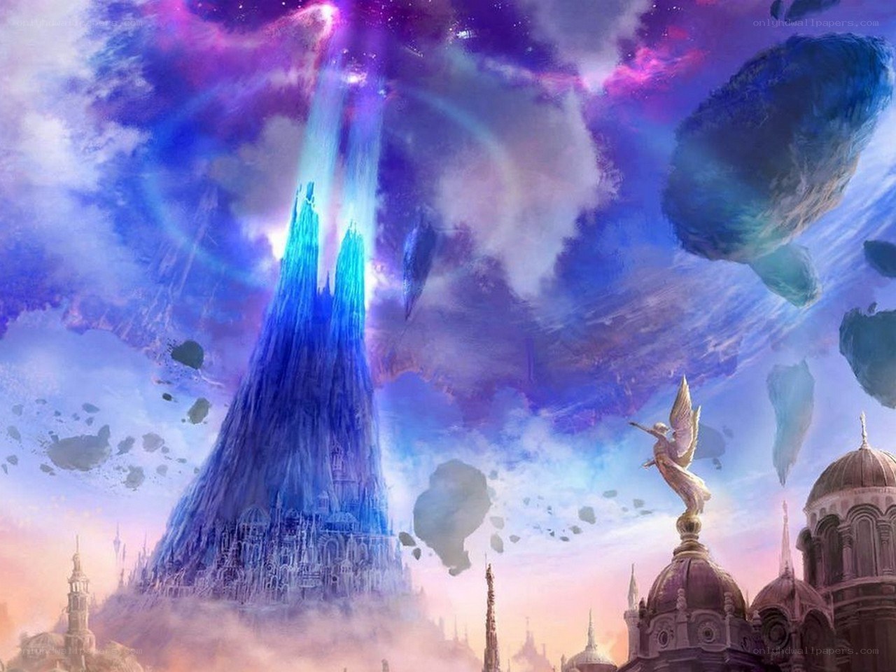 Fantasy city with glowing spire