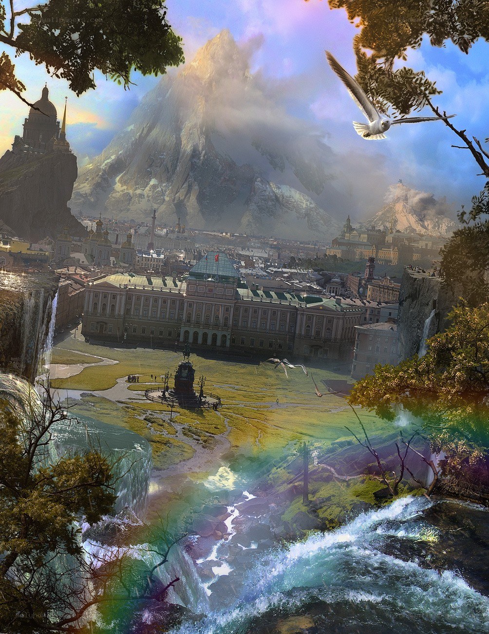 Fantasy city with mountain backdrop