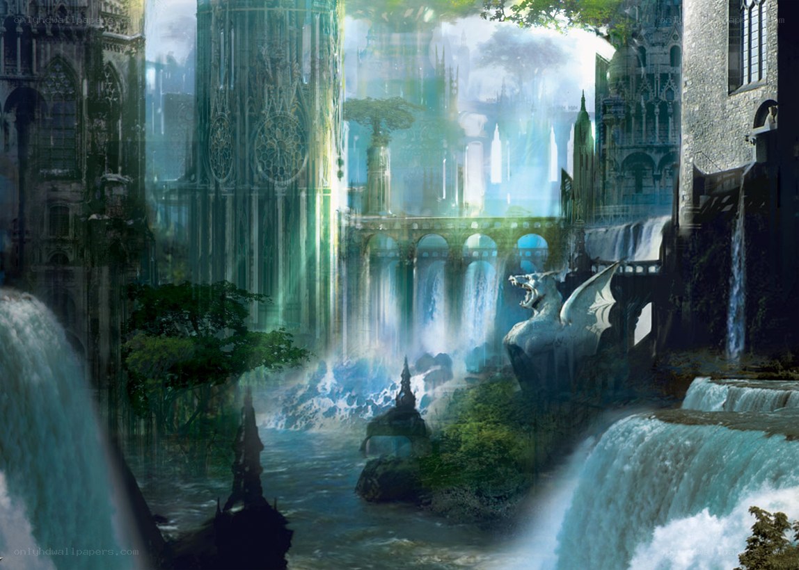 fantasy city with waterfalls