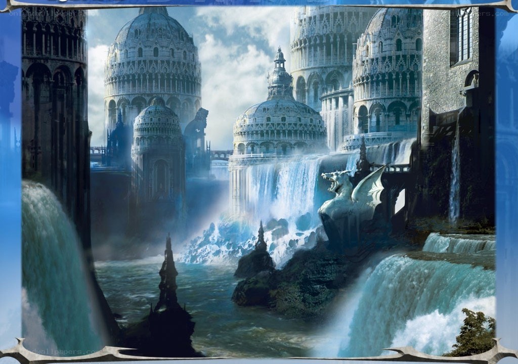 fantasy city with waterfalls