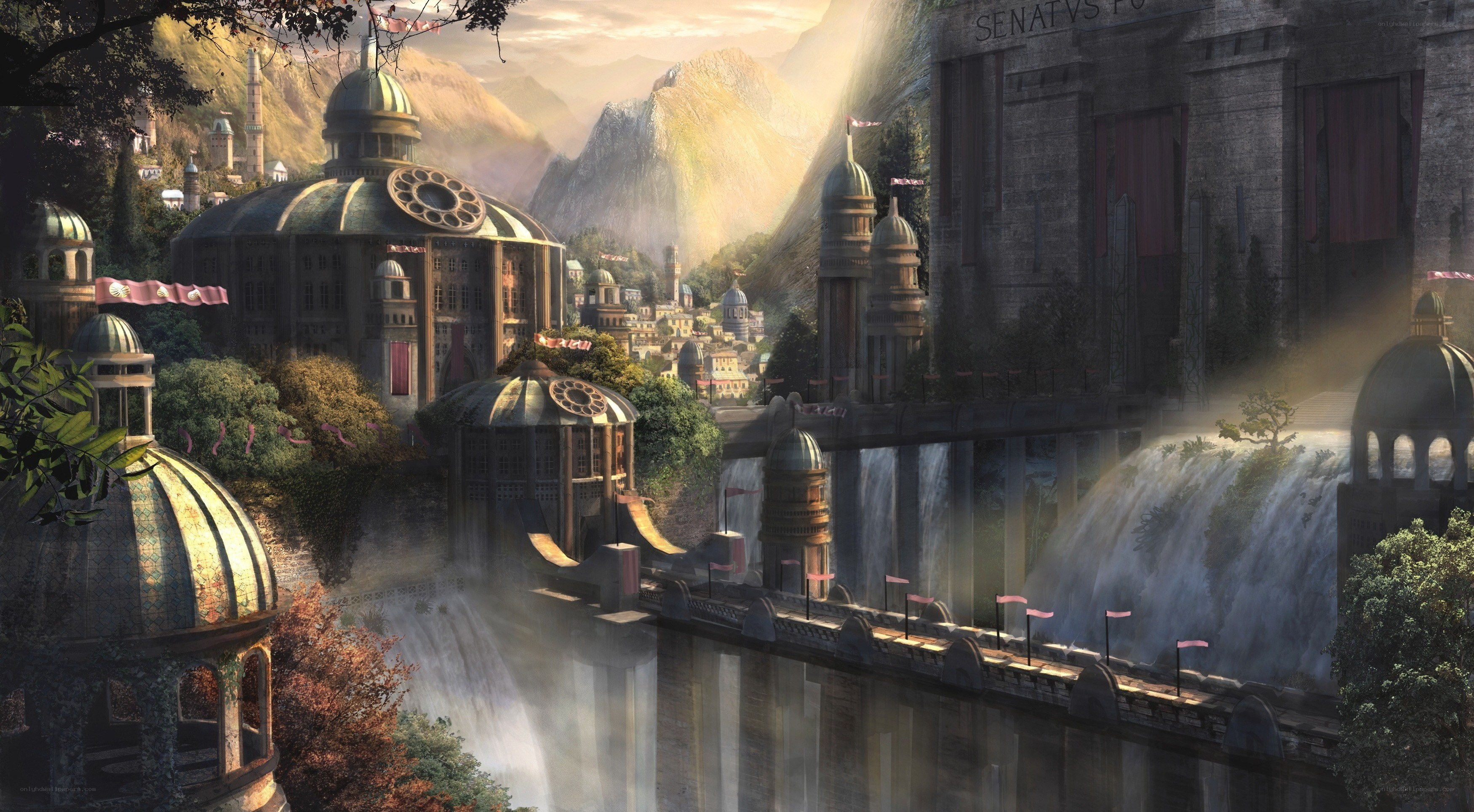 fantasy city with waterfalls
