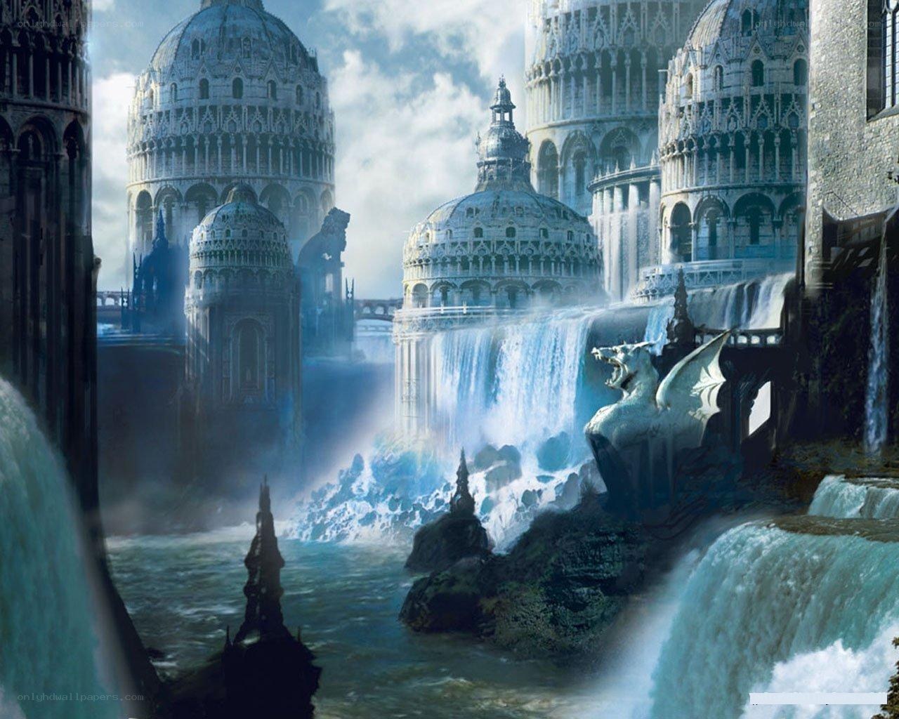 fantasy city with waterfalls