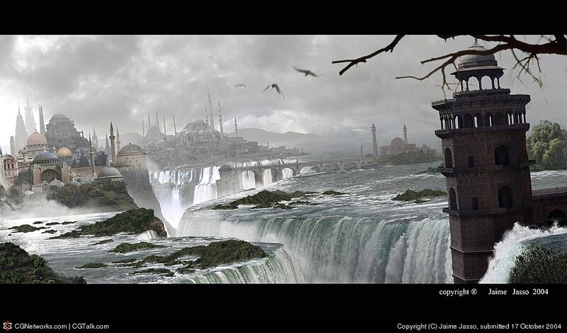 Fantasy City with Waterfalls — Gray