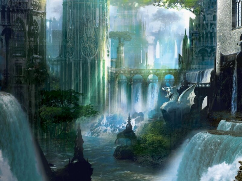 Fantasy City with Waterfalls — Green