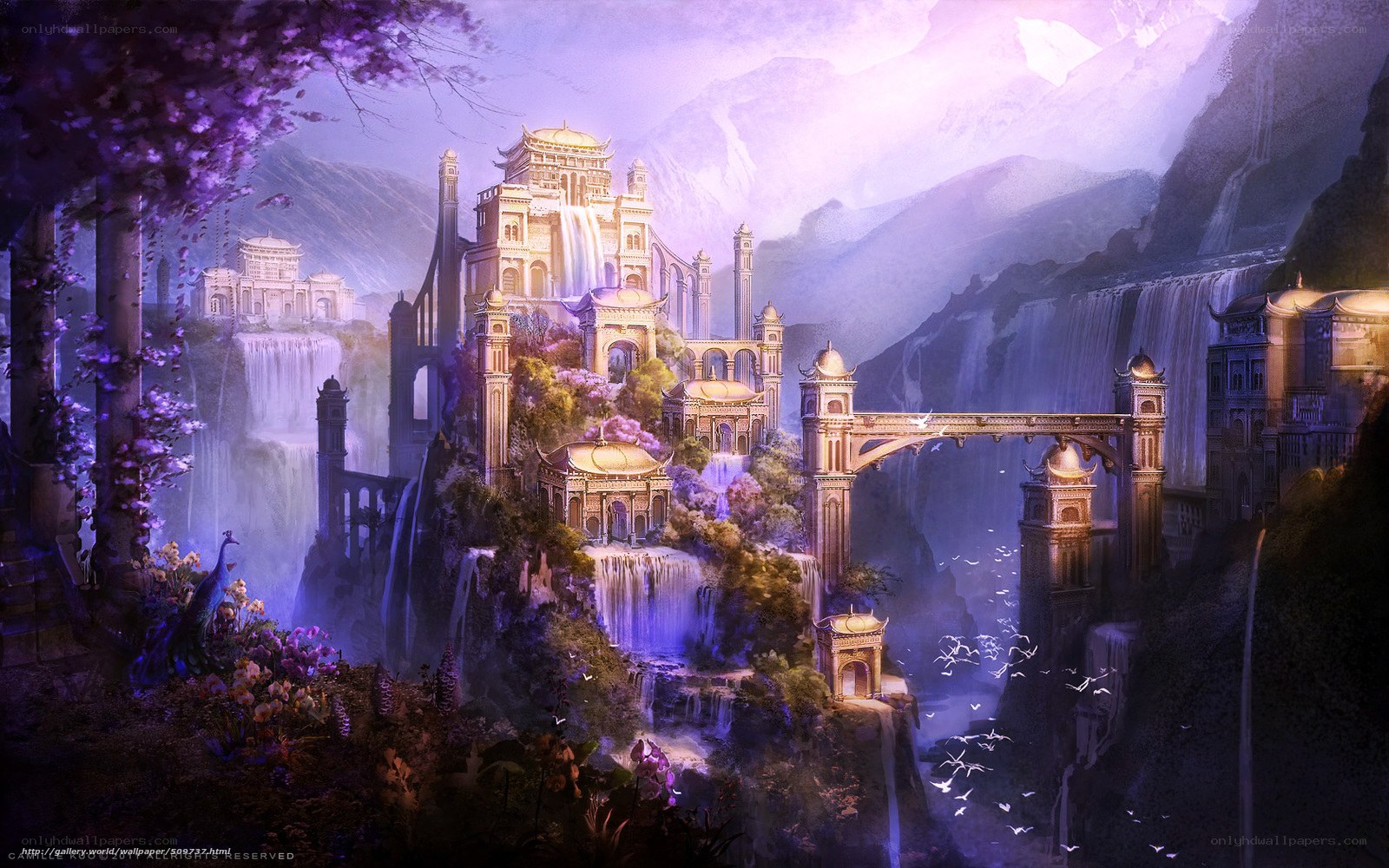Fantasy city with waterfalls
