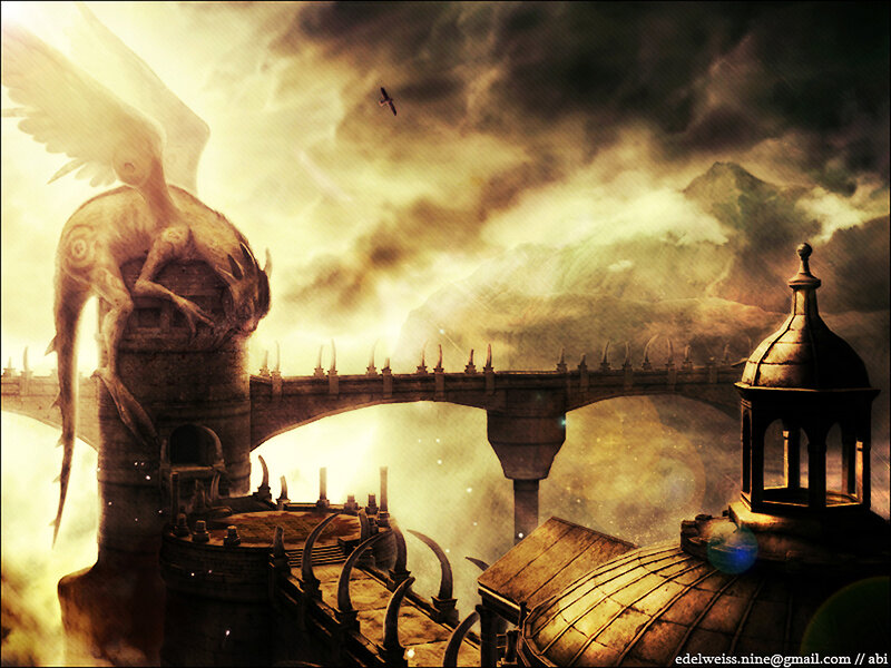 fantasy city with winged creature