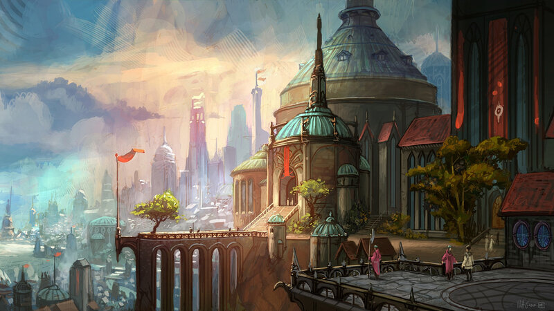 Fantasy cityscape at dawn
