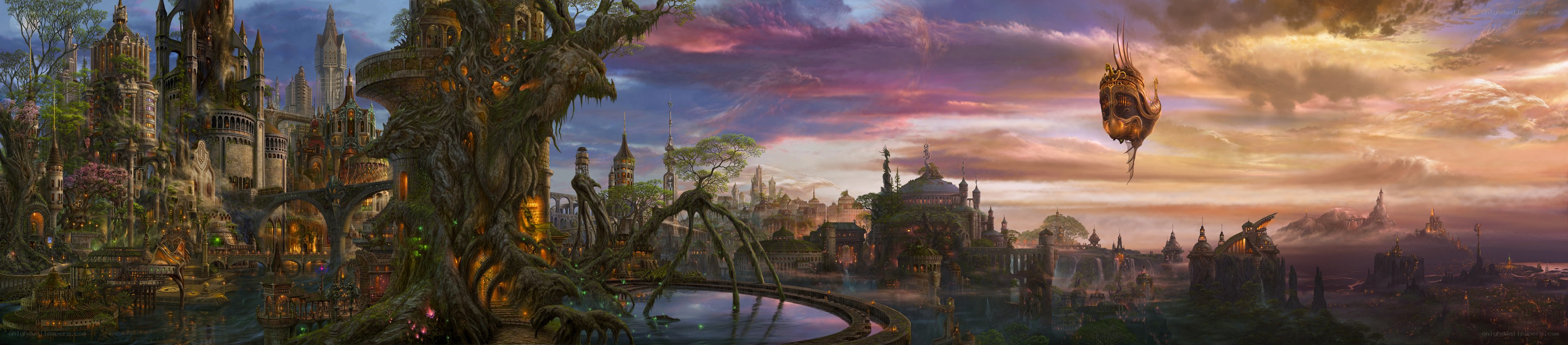 Fantasy cityscape at sunset