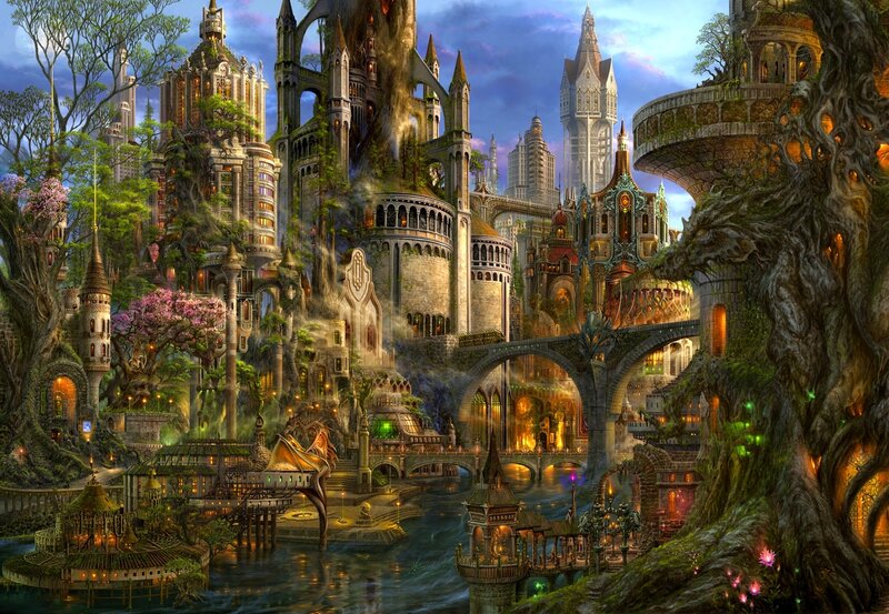 Fantasy Cityscape — Blue, Dramatic, Night, Digital Art, Castle, River