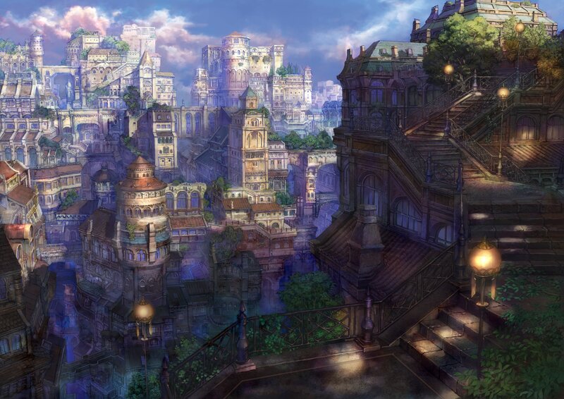 Fantasy Cityscape — Blue, Dramatic, Sunset, Digital Art, Buildings