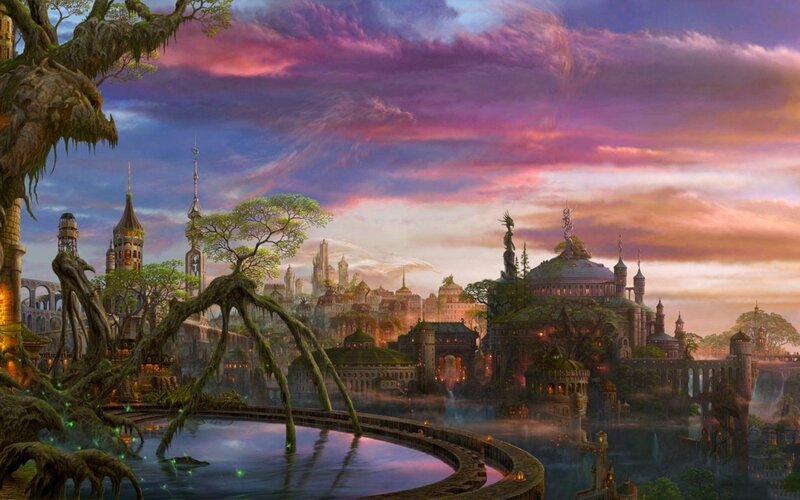 Fantasy Cityscape — Purple, Dramatic, Sunset, Digital Art