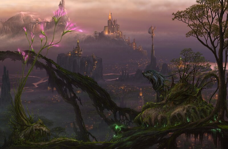 Fantasy Cityscape — Purple, Dramatic, Sunset