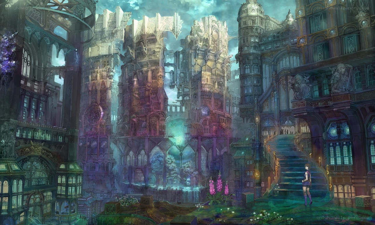fantasy cityscape with a lone figure