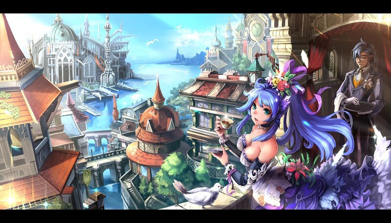 Fantasy cityscape with characters