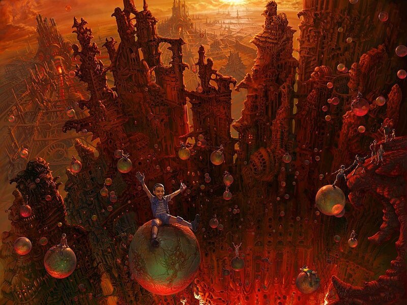 fantasy cityscape with floating spheres