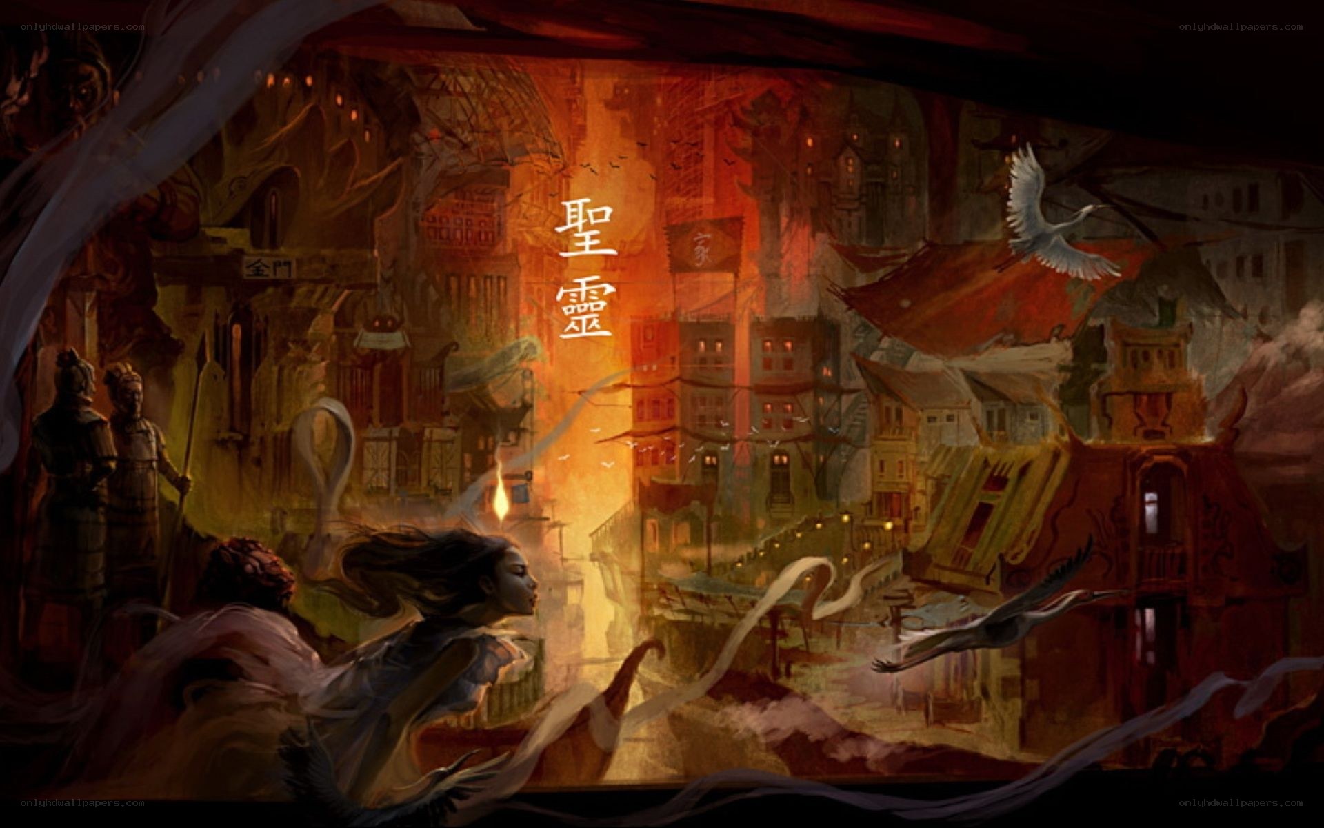 Fantasy cityscape with flying figures