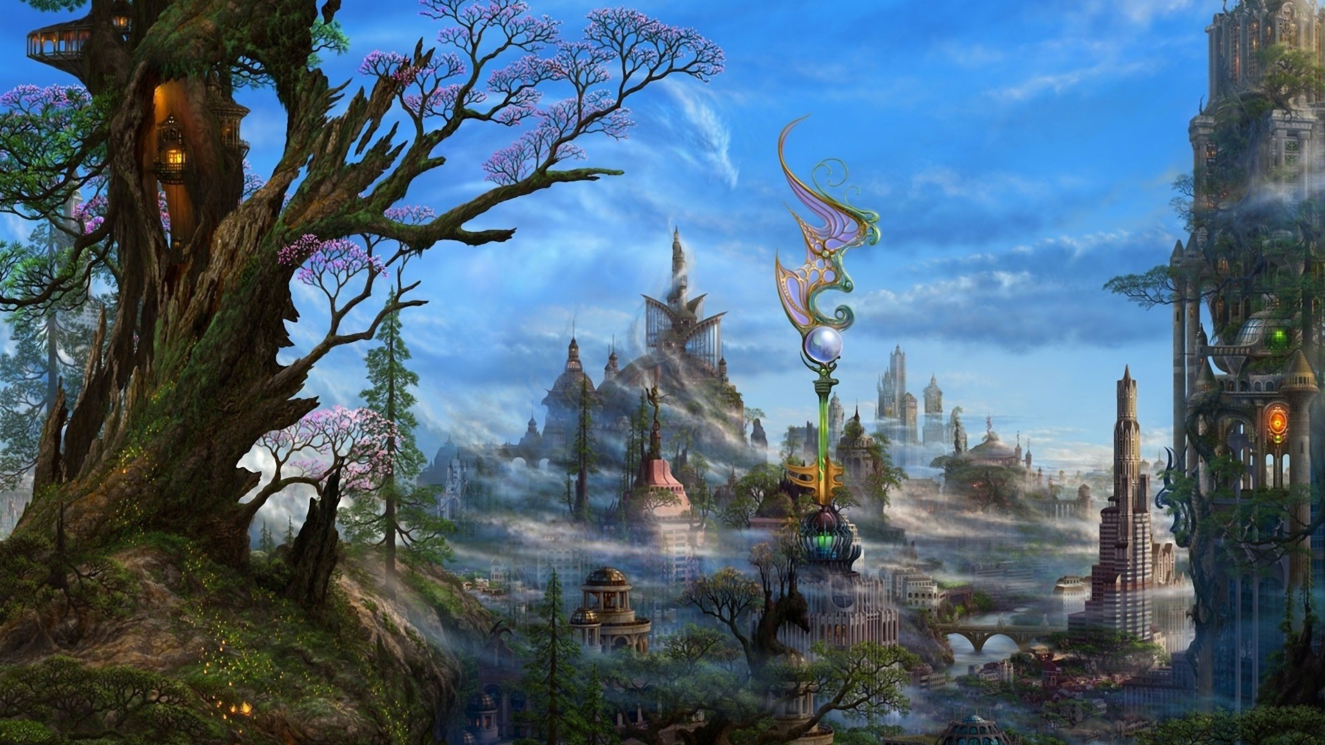 fantasy cityscape with giant tree