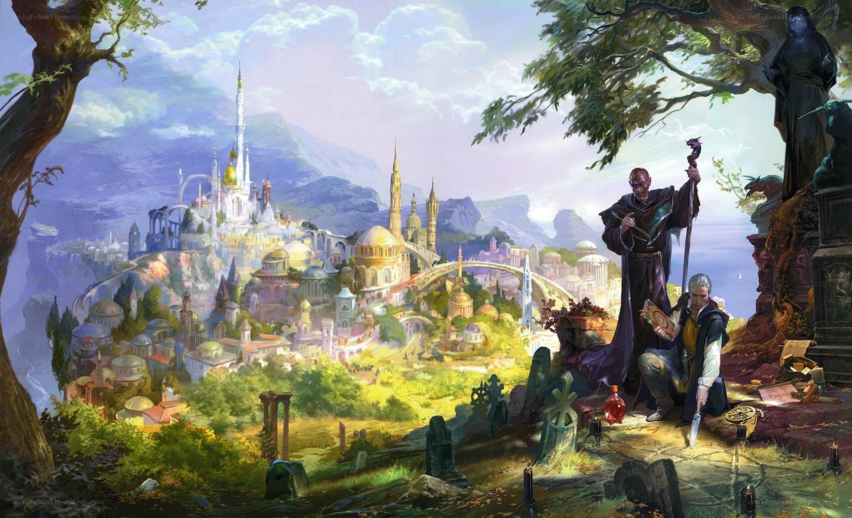 Fantasy cityscape with mages