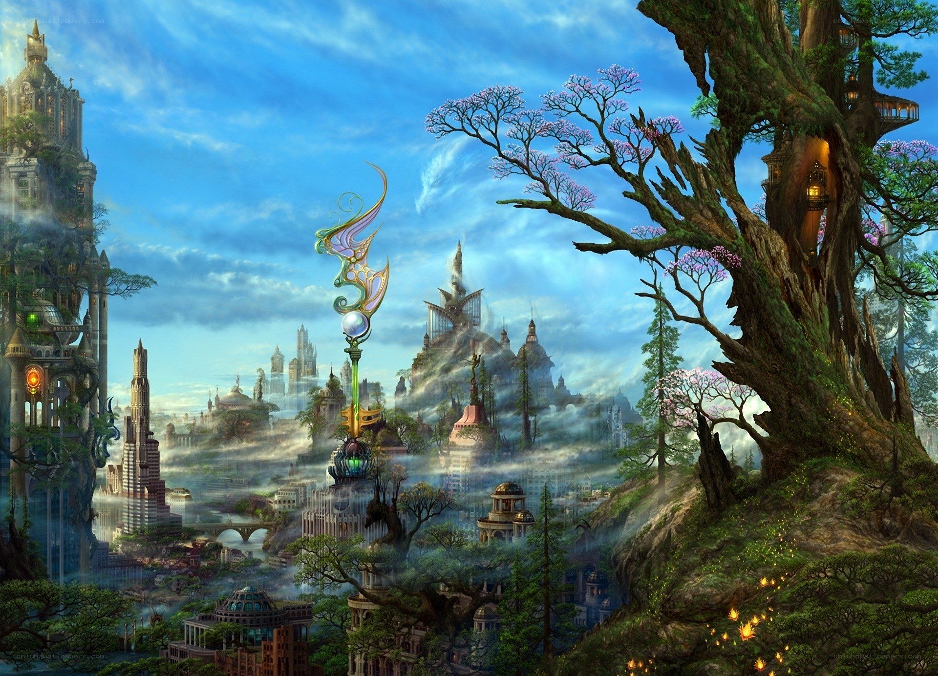 fantasy cityscape with magic staff