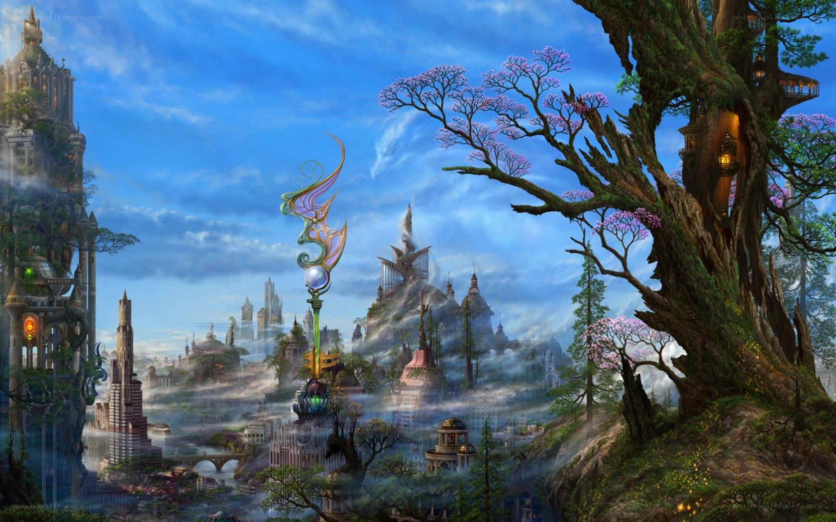 fantasy cityscape with magical spire