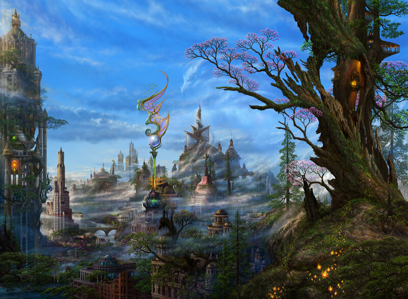 fantasy cityscape with magical spire