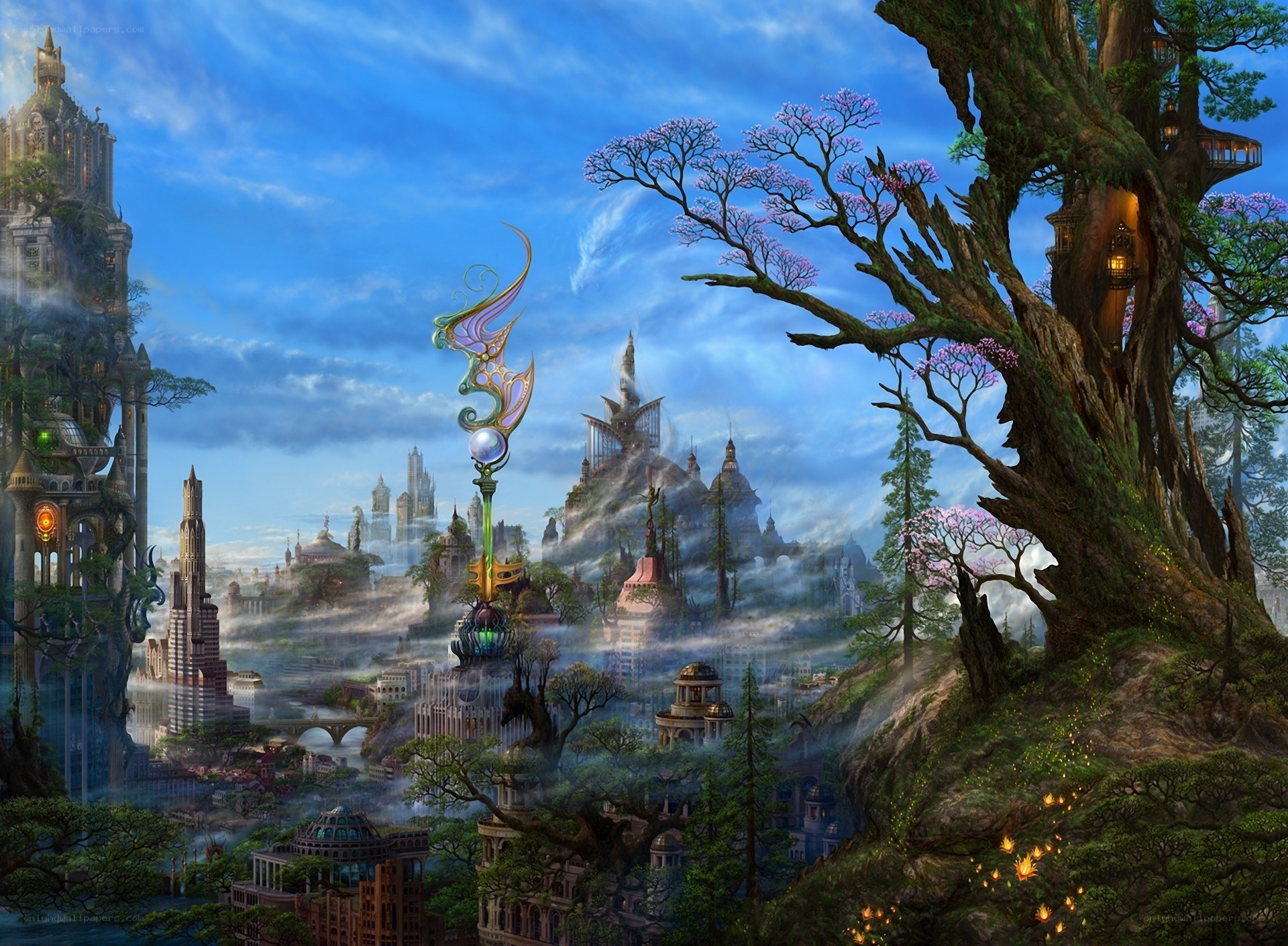 fantasy cityscape with magical staff
