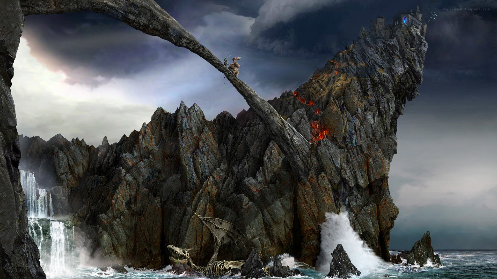 Fantasy cliff with castle and dragon