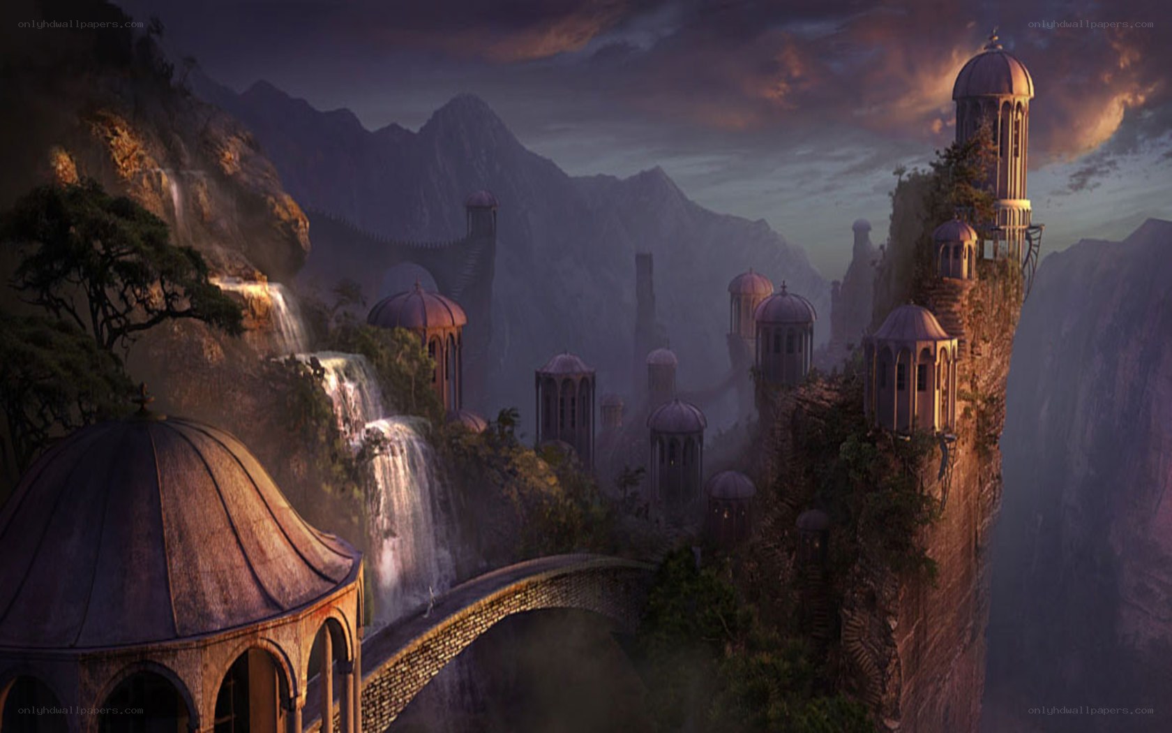 fantasy cliffside cityscape