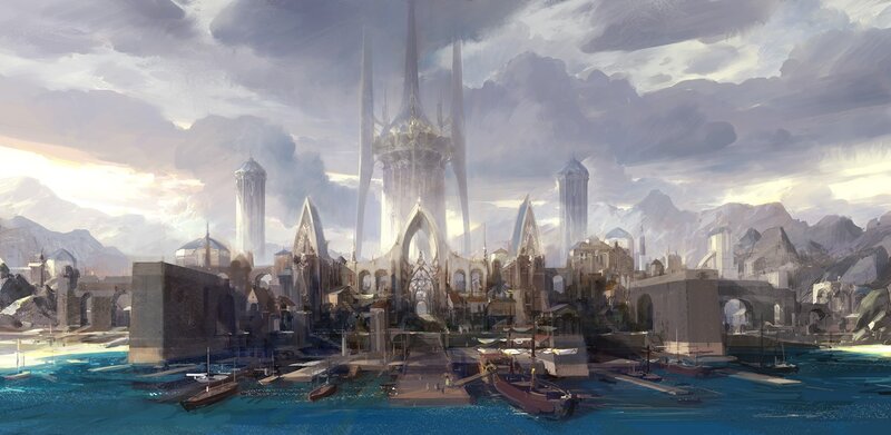 fantasy coastal cityscape