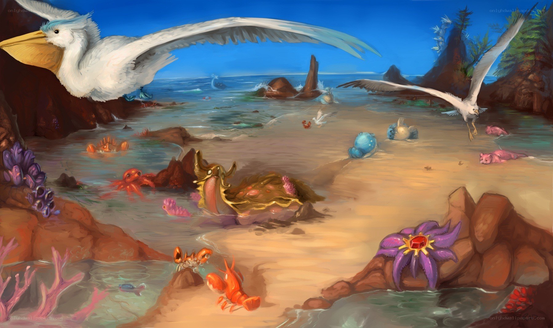 Fantasy coastal scene with sea creatures
