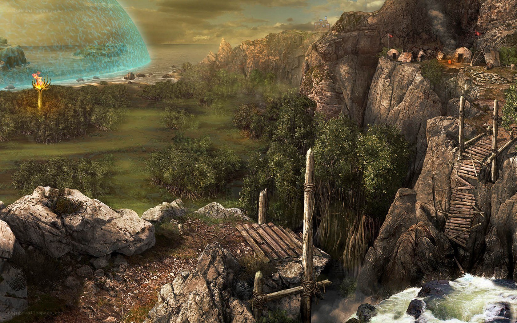 Fantasy coastal village scene