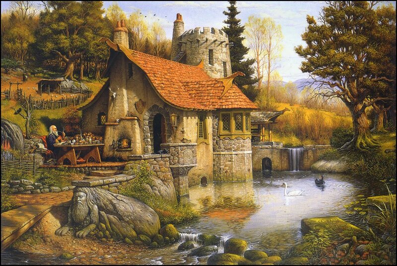Fantasy cottage by a stream