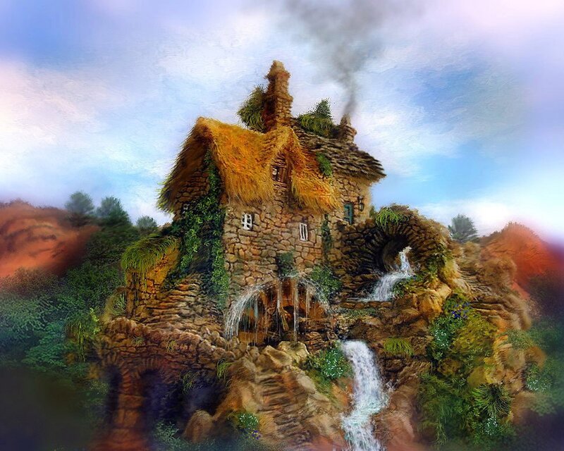 Fantasy cottage by waterfall